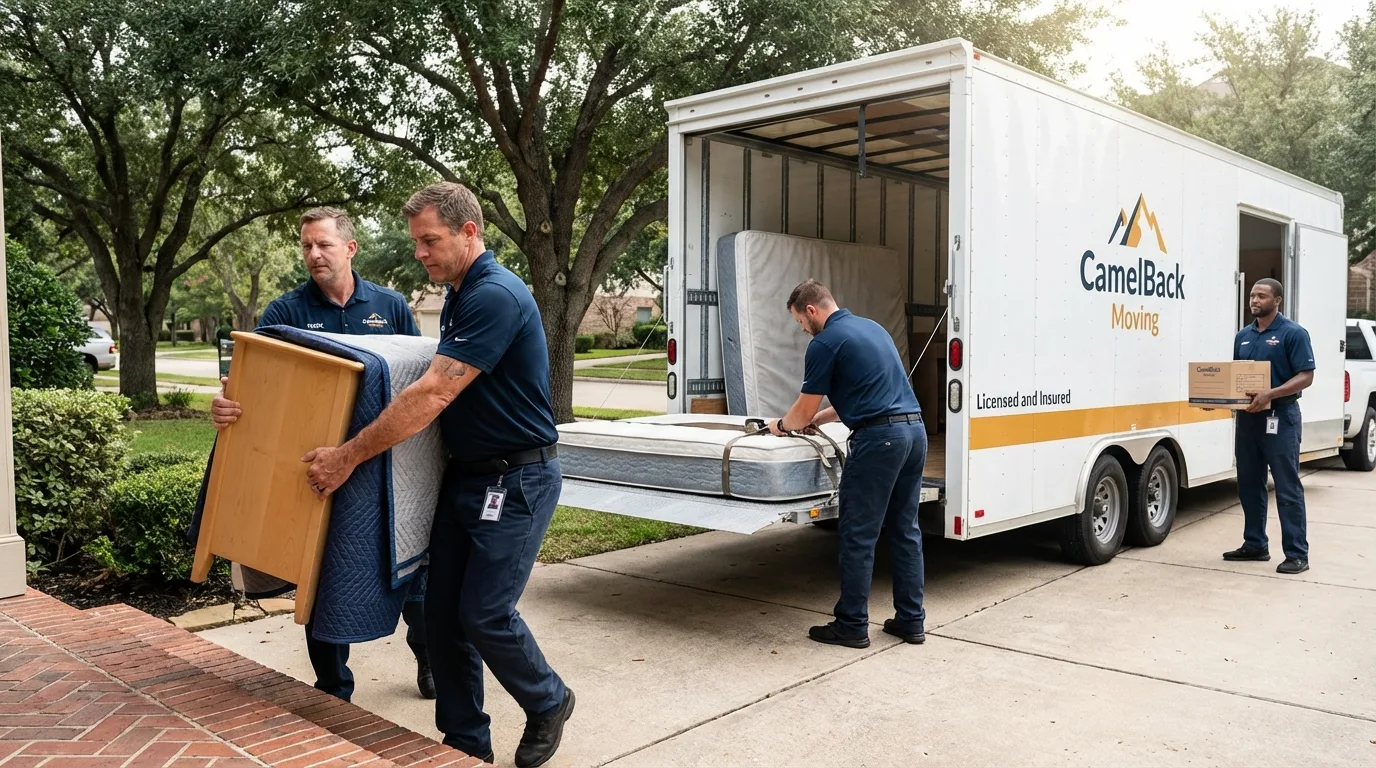Crew loading residential truck for cross-state move from Linton, IN