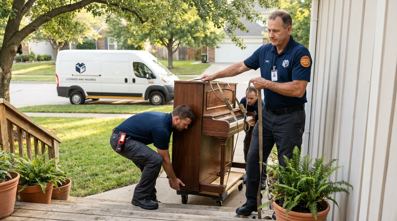 Licensed piano movers securing grand piano in Linton, IN