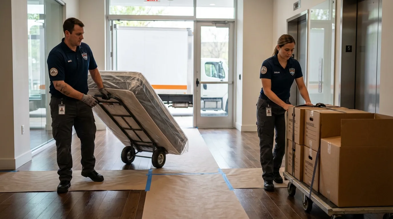 Professional apartment movers loading elevator in Linton, IN