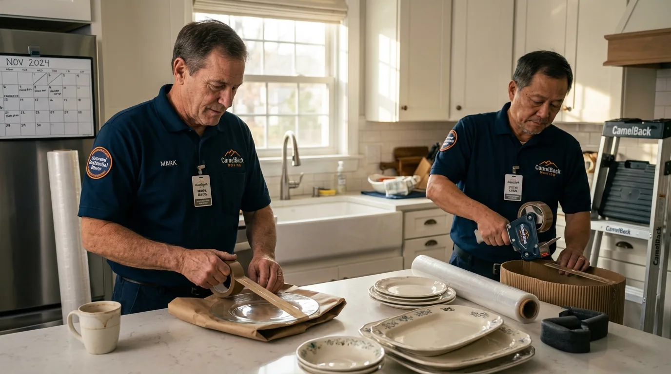 Professional crew packing kitchen dishware in Linton, IN